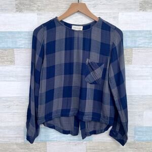 Cloth & Stone Plaid Lace Up Back Top Blue Gray Gauze Knit Cotton Blend Womens XS